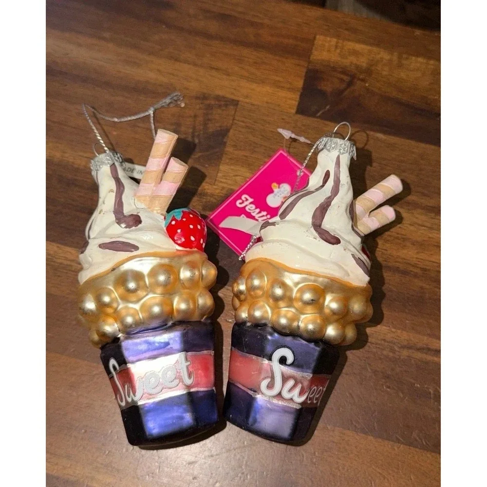 Festive Fun Ice Cream Sweet Cup Ornament Set Of 2 Strawberries Christmas xmas